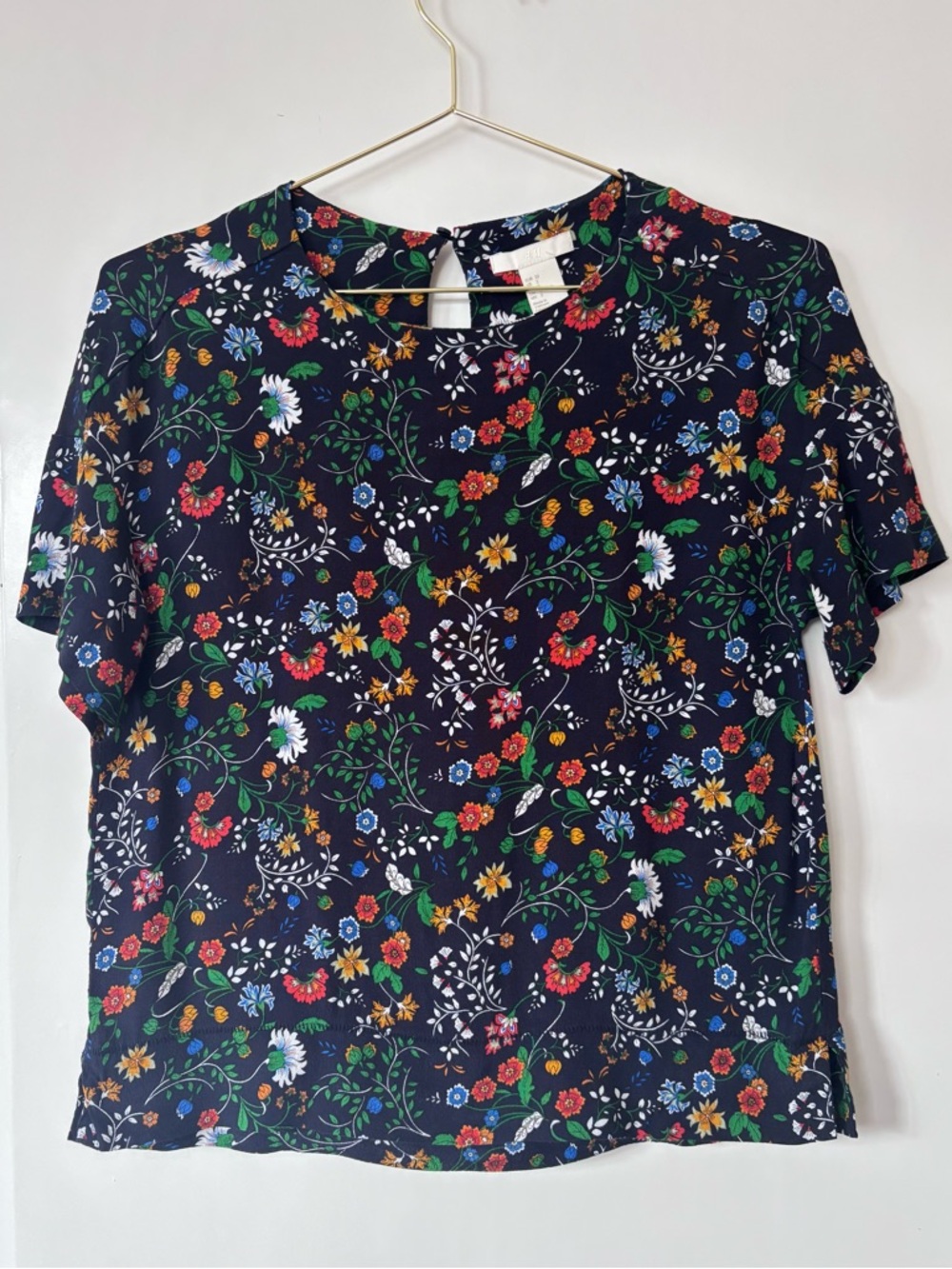 H&M| Navy Blue Multicolour Floral Lightweight Short-Sleeve Top/Blouse Sz 2